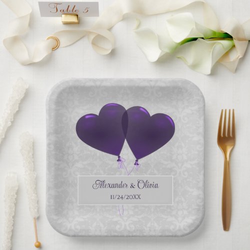 Purple Heart Balloons Wedding Shower Paper Plates