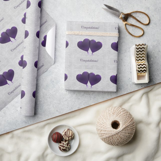 Purple Heart Balloons Wedding Wrapping Paper (Crafts)