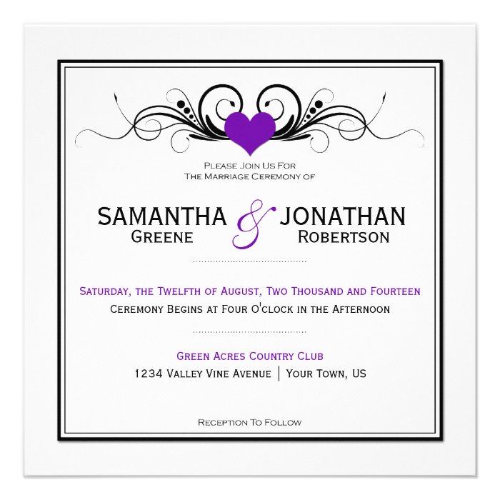 Purple Heart Black Swirls White Wedding Invitation