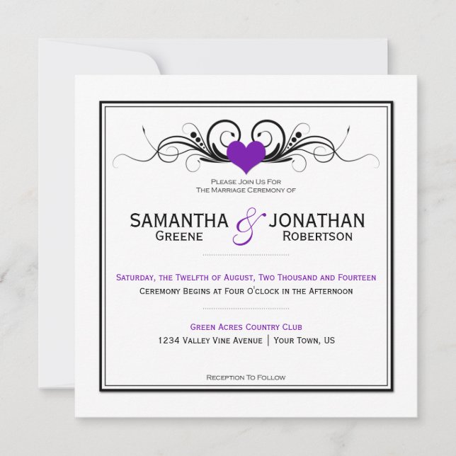 Purple Heart Black Swirls White Wedding Invitation (Front)