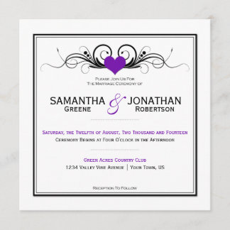 Purple Heart Black Swirls White Wedding Invitation