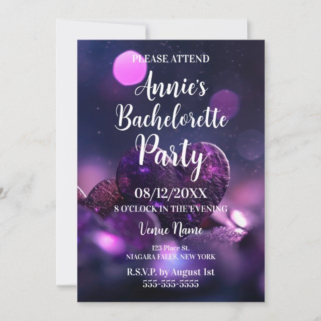 Purple Heart Bokeh Bachelorette Party Invitation (Front)