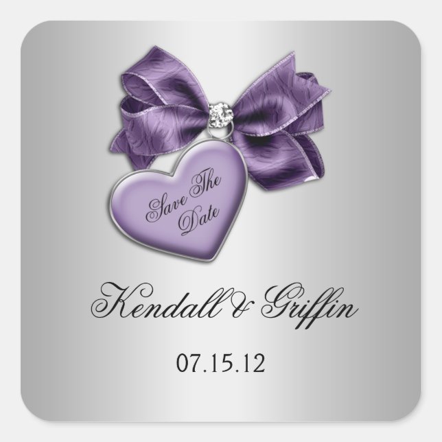 Purple Heart Bow Diamonds Silver Save The Date Square Sticker (Front)