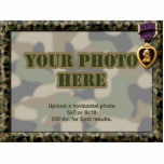 Purple Heart Camouflage Military Frame Statuette<br><div class="desc">Upload a photo of your service member (NOTE: only if they received a Purple Heart medal; look for other versions in this category if not), and choose whether to have your photo sculpture made as a magnet (perfect for fridge, locker or filing cabinet), stand-up ornament for desk or mantle, hanging...</div>