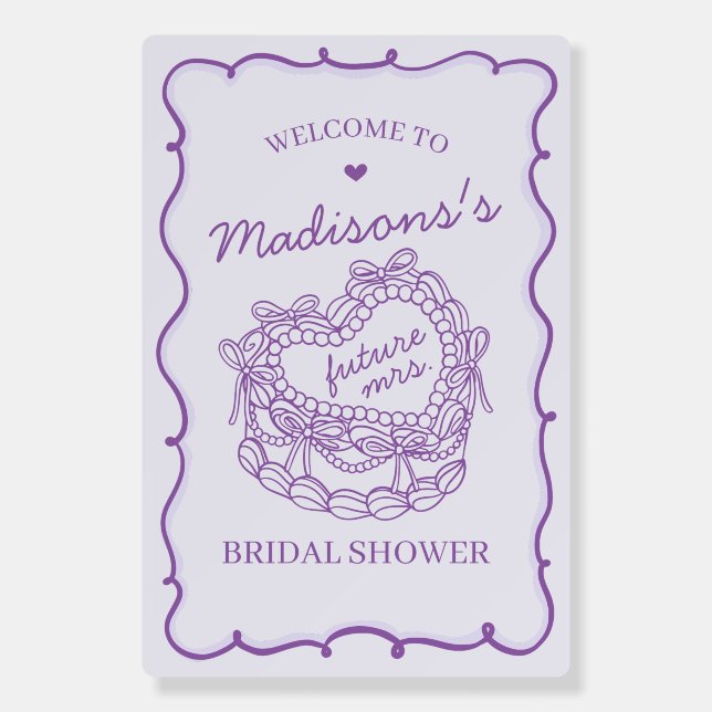 Purple Heart Coquette Cake Bridal Shower Welcome Foam Board (Front)