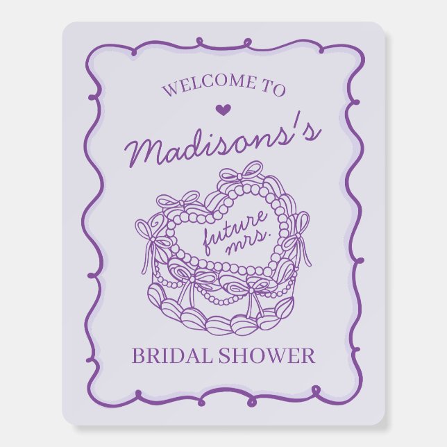 Purple Heart Coquette Cake Bridal Shower Welcome Foam Board (Front)