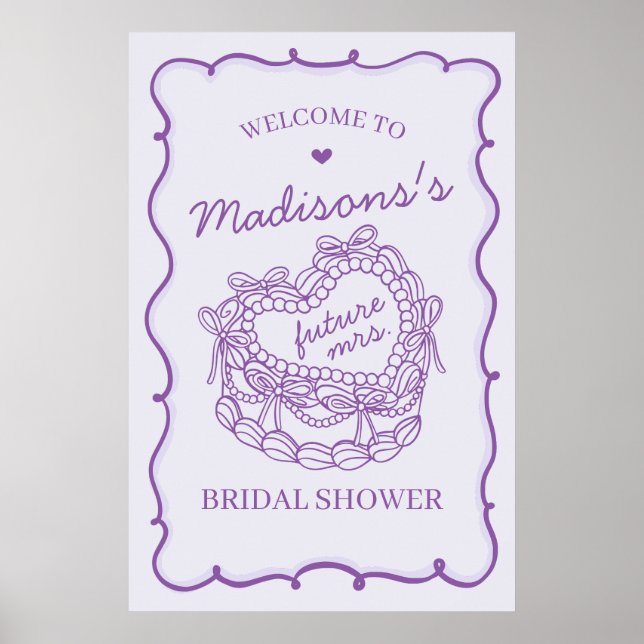 Purple Heart Coquette Cake Bridal Shower Welcome Poster (Front)