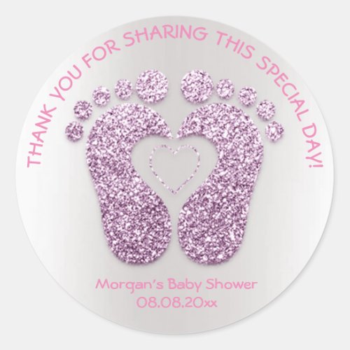 Purple Heart Feet Baby Shower Favor Thank Pink Classic Round Sticker