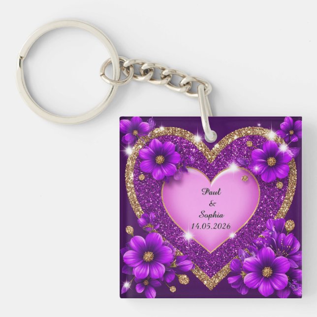 Purple Heart Frame with Glitter and Flowers Keychain (Front)