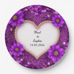 Purple Heart Frame with Glitter and Flowers Paper Plates
