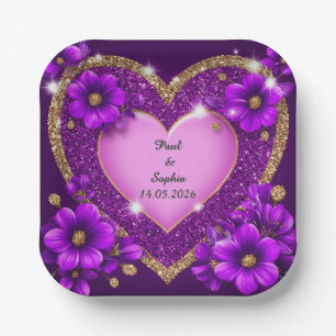 Purple Heart Frame with Glitter and Flowers Paper Plates