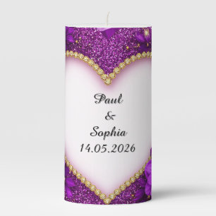 Purple Heart Frame with Glitter and Flowers Pillar Candle