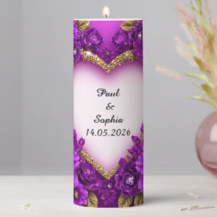 Purple Heart Frame with Glitter and Flowers Pillar Candle