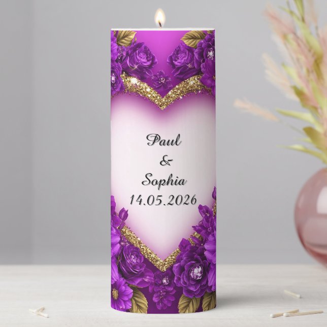 Purple Heart Frame with Glitter and Flowers Pillar Candle (In Situ)