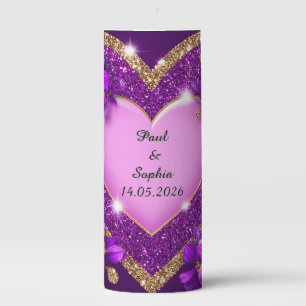 Purple Heart Frame with Glitter and Flowers Pillar Candle