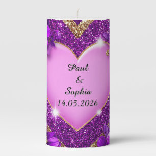 Purple Heart Frame with Glitter and Flowers Pillar Candle