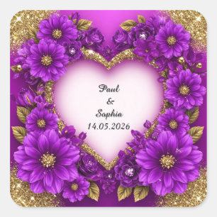 Purple Heart Frame with Glitter and Flowers Square Sticker