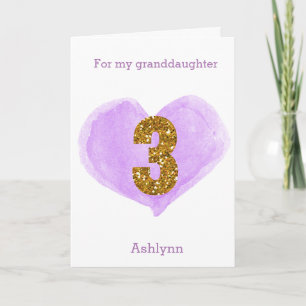 Purple Heart Gold Glitter 3rd Birthday Card