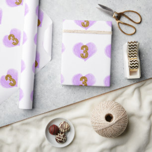 Purple Heart Gold Glitter 3rd Birthday Wrapping Paper