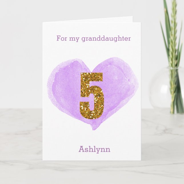 Purple Heart Gold Glitter 5th Birthday Card (Front)