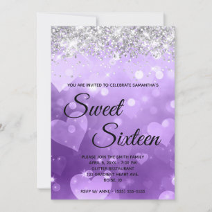 Purple Heart Gradient Silver Glitter Sweet Sixteen Invitation