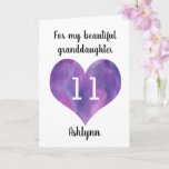 Purple Heart Happy 11th Birthday Granddaughter Card<br><div class="desc">A personalized watercolor heart 11th birthday card for granddaughter that features a purple heart. You can personalize the heart with the age you need and add her name underneath the heart. The inside card message reads a heartfelt birthday message, which you can easily personalize if wanted. The back of this...</div>