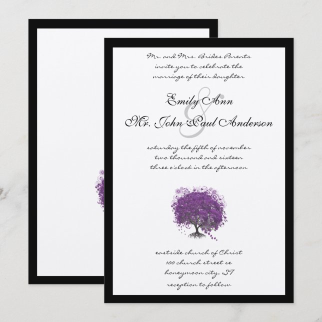 Purple Heart Leaf Tree Black Border Wedding Invite (Front/Back)