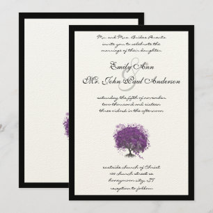 Purple Heart Leaf Tree Black Border Wedding Invite