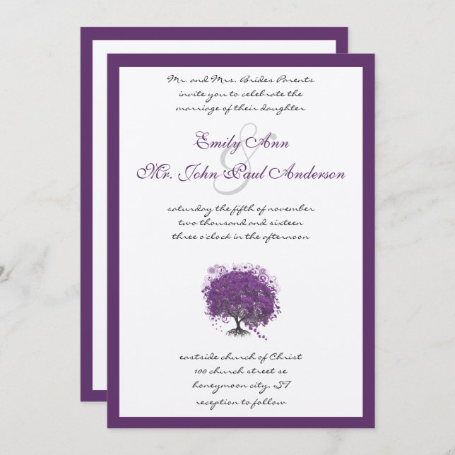 Purple Heart Leaf Tree Borders Wedding Invite (Front/Back)