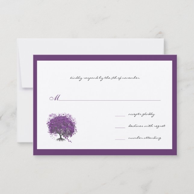Purple Heart Leaf Tree Borders Wedding Invite (Front)