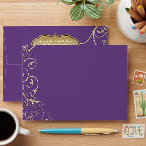 Purple Heart Leaf Tree Gold Swirl Wedding Envelope