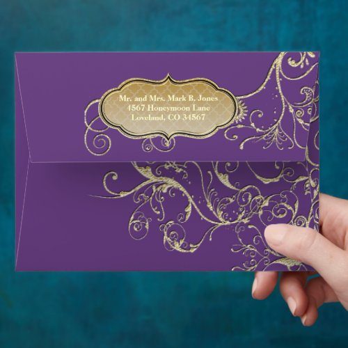 Purple Heart Leaf Tree Gold Swirl Wedding Envelope