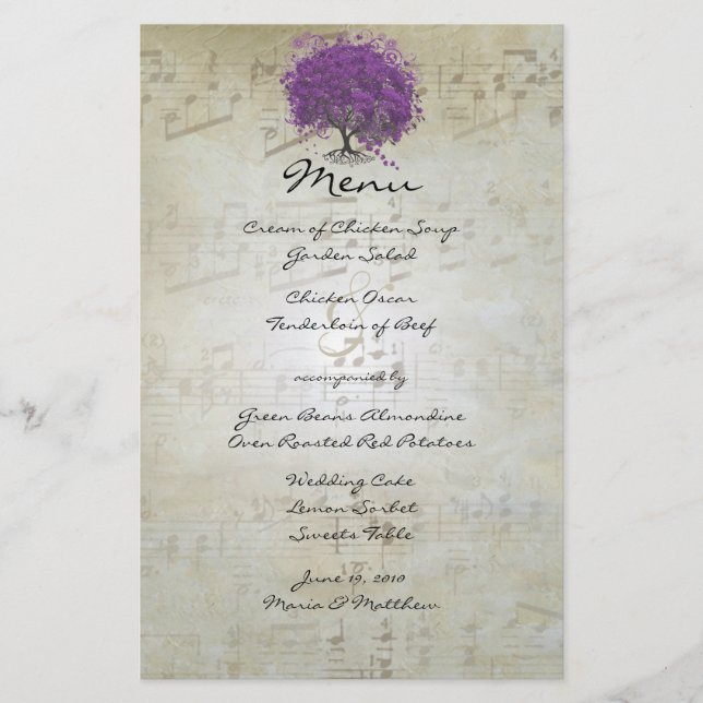 Purple Heart Leaf Tree Wedding Menu (Front)