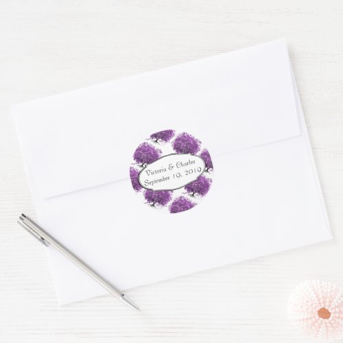 Purple Heart Leaf Tree Wedding Save the Date Classic Round Sticker