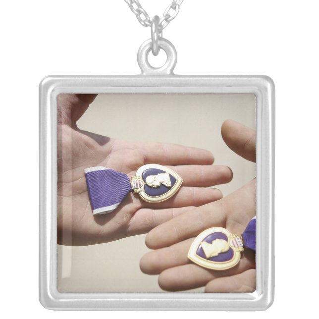Purple Heart recipients display their medals Silver Plated Necklace (Front)