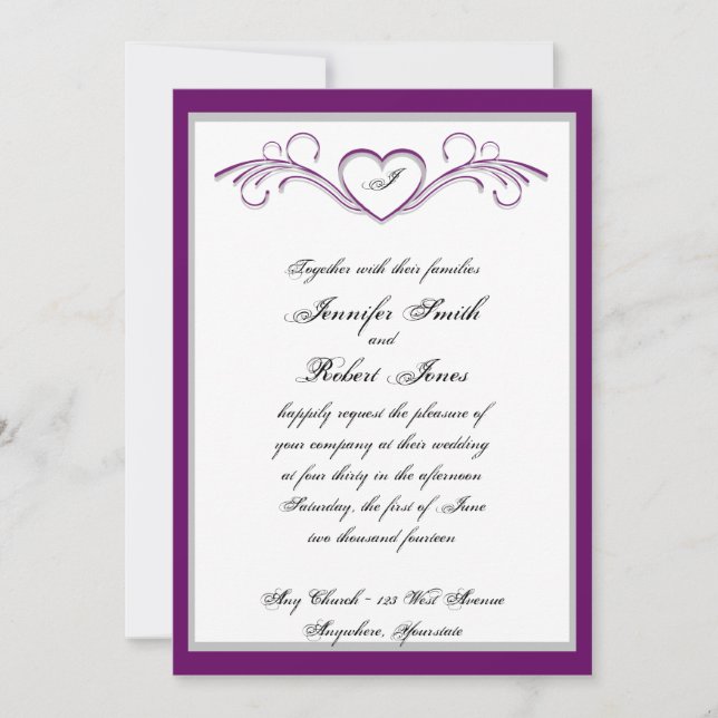 Purple Heart Scroll Monogram Wedding Invitation (Front)