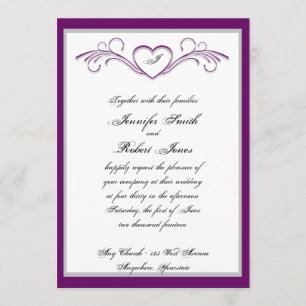 Purple Heart Scroll Monogram Wedding Invitation