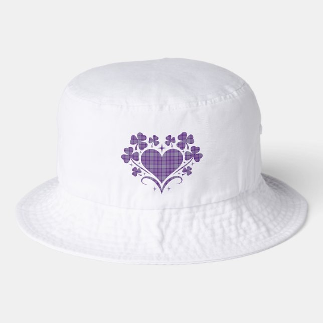 Purple Heart Shamrock Plaid Tartan Clover Bucket Hat (Front)