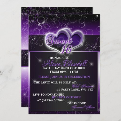 Purple Heart Sweet 16 Birthday Invitations
