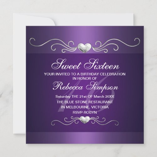 Purple Heart Sweet Sixteen Birthday Invitation
