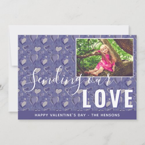Purple Heart Valentines Day Script Family Photo Holiday Card