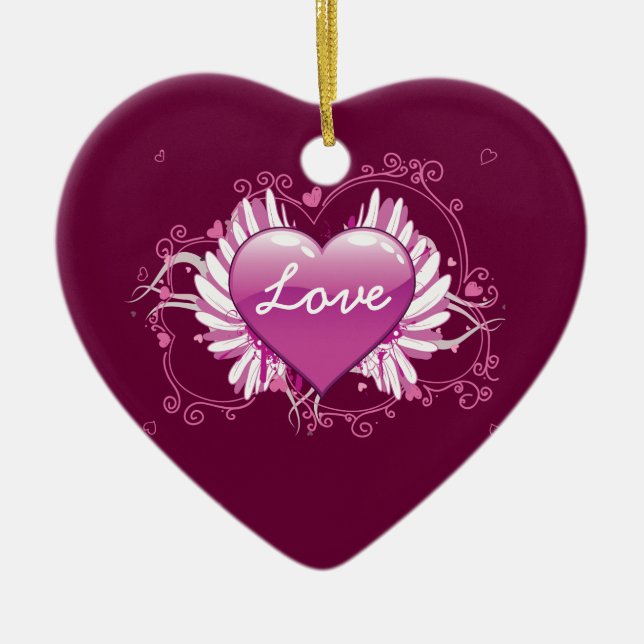 Purple heart wings swirls Love Valentine's Day Ceramic Ornament (Front)