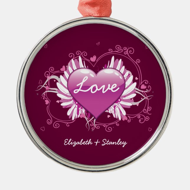 Purple heart wings swirls Love Valentine's Day Metal Ornament (Front)