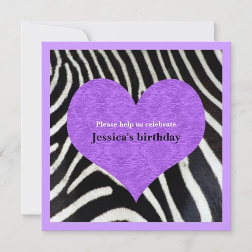 Purple Heart with Zebra Print Party Invitation