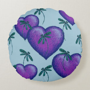 Purple Hearts and Draginflies Round Pillow