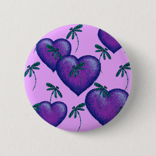 Purple Hearts and Dragonflies Button