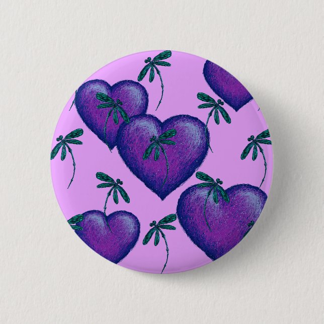 Purple Hearts and Dragonflies Button (Front)