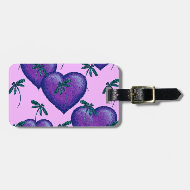 Purple Hearts and Dragonflies Luggage Tag (Front Horizontal)