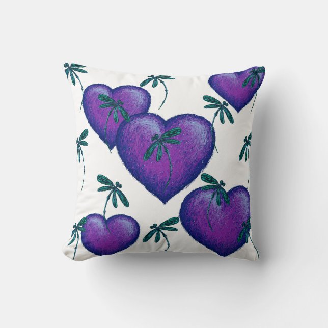 Purple Hearts and Dragonflies Throw Pillow (Front)