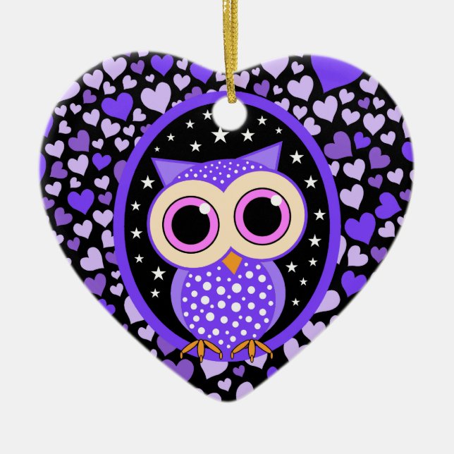 purple hearts and owl ceramic ornament (Front)